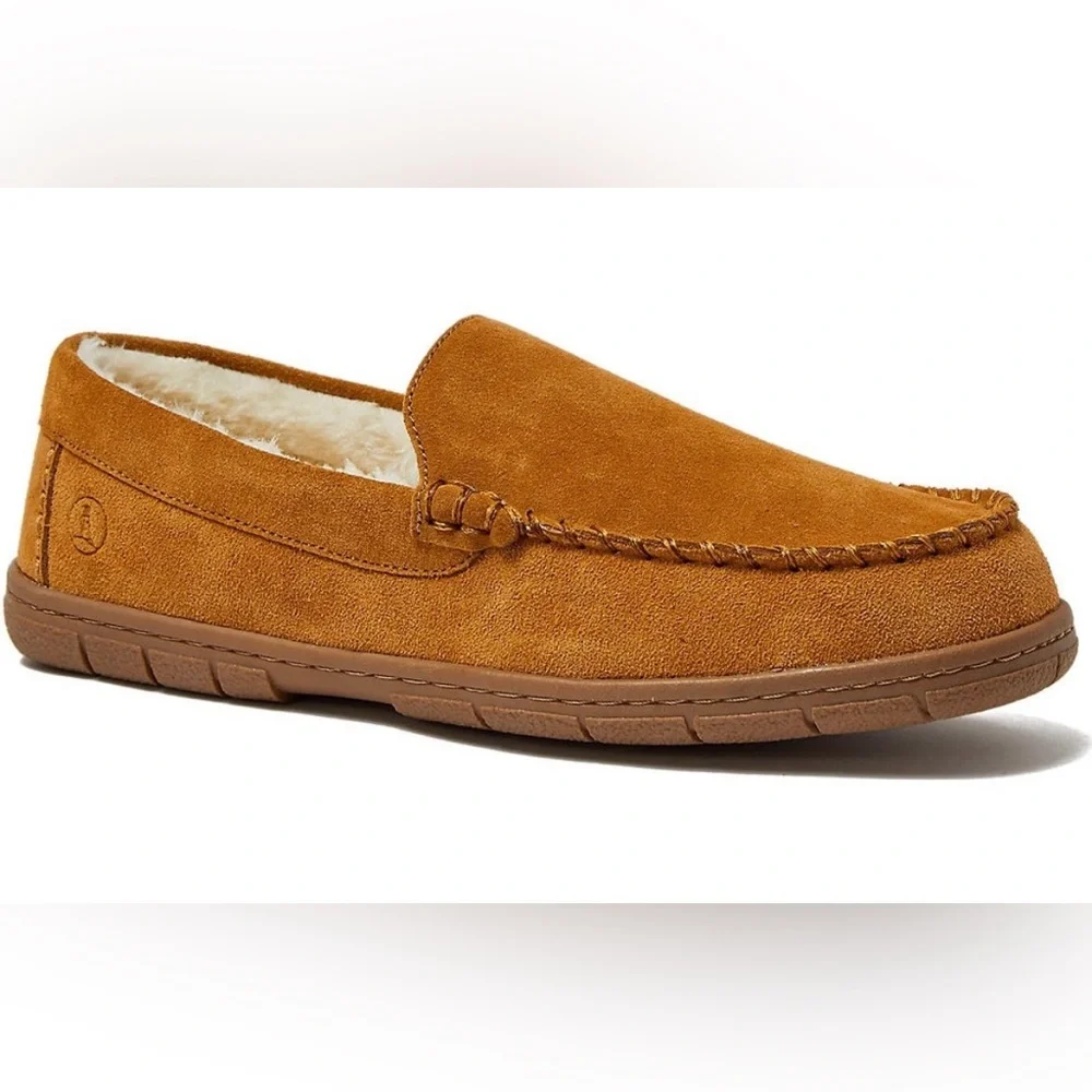 Lands' End Men's Fuzzy Lined Suede Moccasin Slippers English Tan Swede 9
